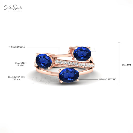 7x5mm Oval Blue Sapphire and Pave Diamond Ring in Gold