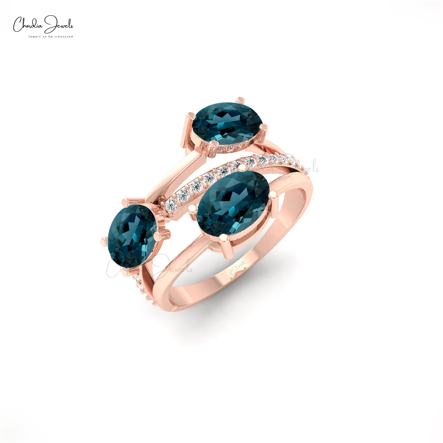 Crossover 3-Stone London Blue Topaz Ring in 14k Solid Gold Genuine 0.16ct Diamond Ring