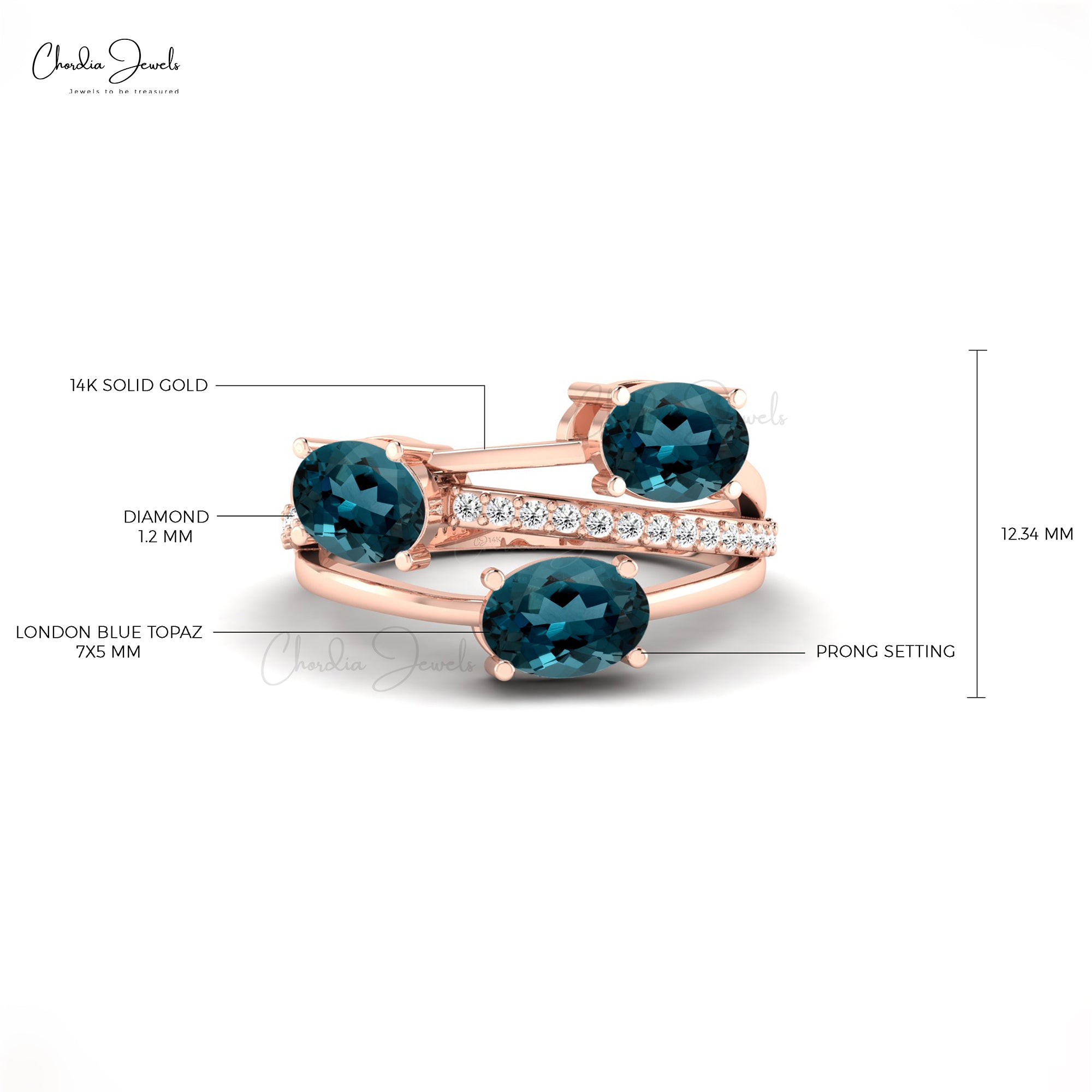 Splendid 3-Stone London Blue Topaz Ring in 14k Solid Gold