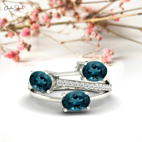 Crossover 3-Stone London Blue Topaz Ring in 14k Solid Gold Genuine 0.16ct Diamond Ring