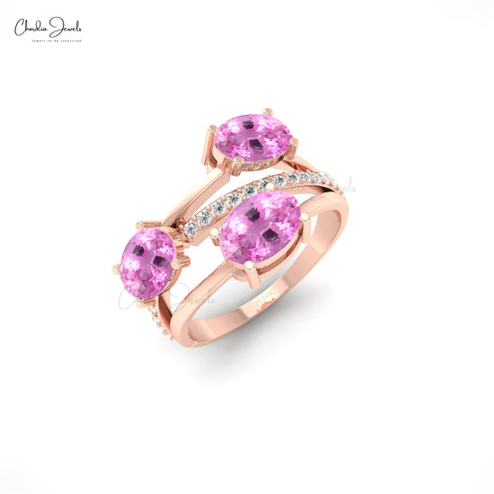 Elegant 3-Stone Split Shank Pink Sapphire Ring in Gold