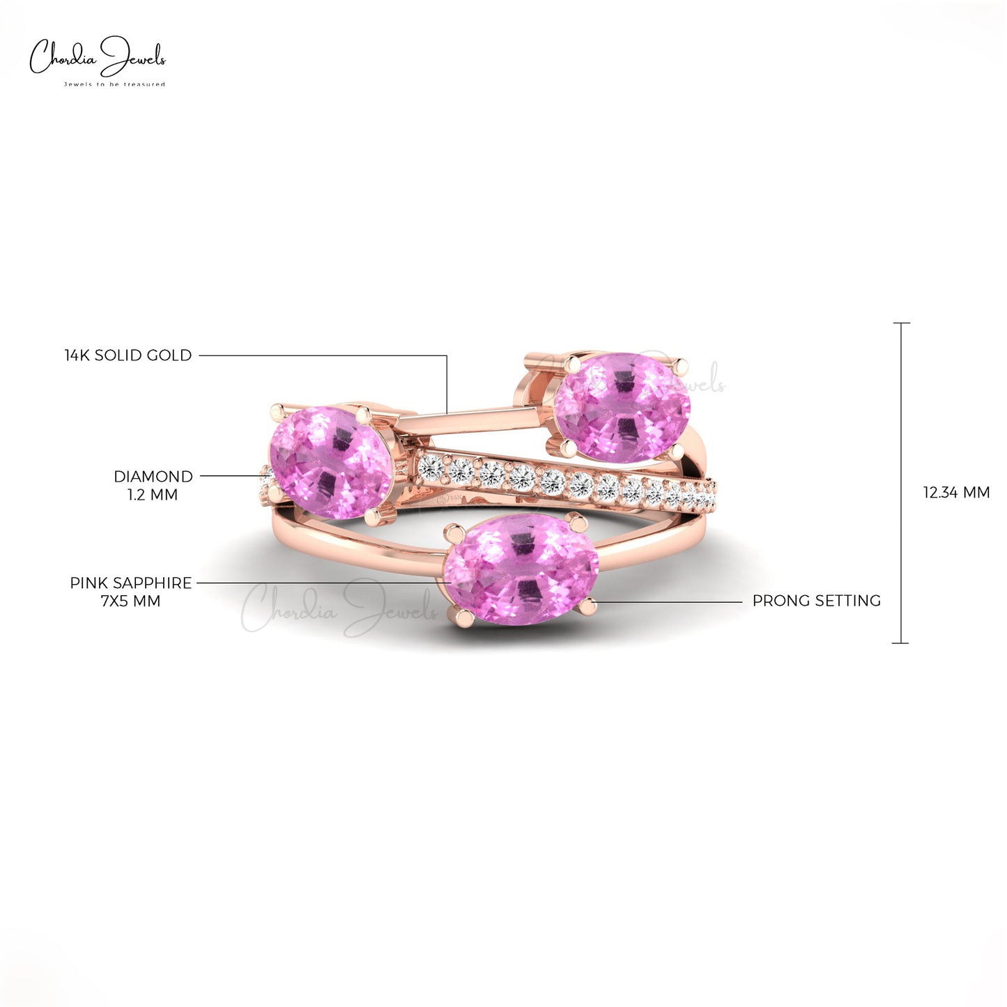 Genuine 7x5mm Pink Sapphire and Diamond Split Shank Ring