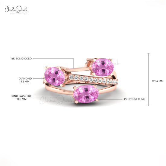 Genuine 7x5mm Pink Sapphire and Diamond Split Shank Ring