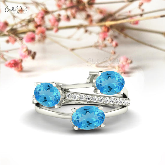 Swiss Blue Topaz Split Shank Ring with Diamonds Accent 14k Gold Crossover Ring For Women