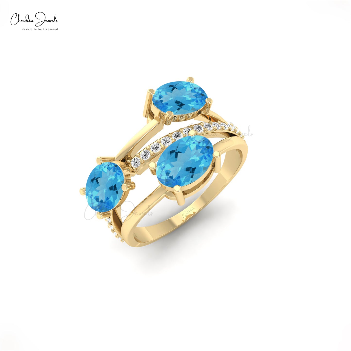 Swiss Blue Topaz Split Shank Ring with Diamonds Accent 14k Gold Crossover Ring For Women