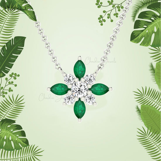Snow Flake Chain Necklace With 4x2mm Emerald And Diamond Cluster Necklaces In 14k Real Gold
