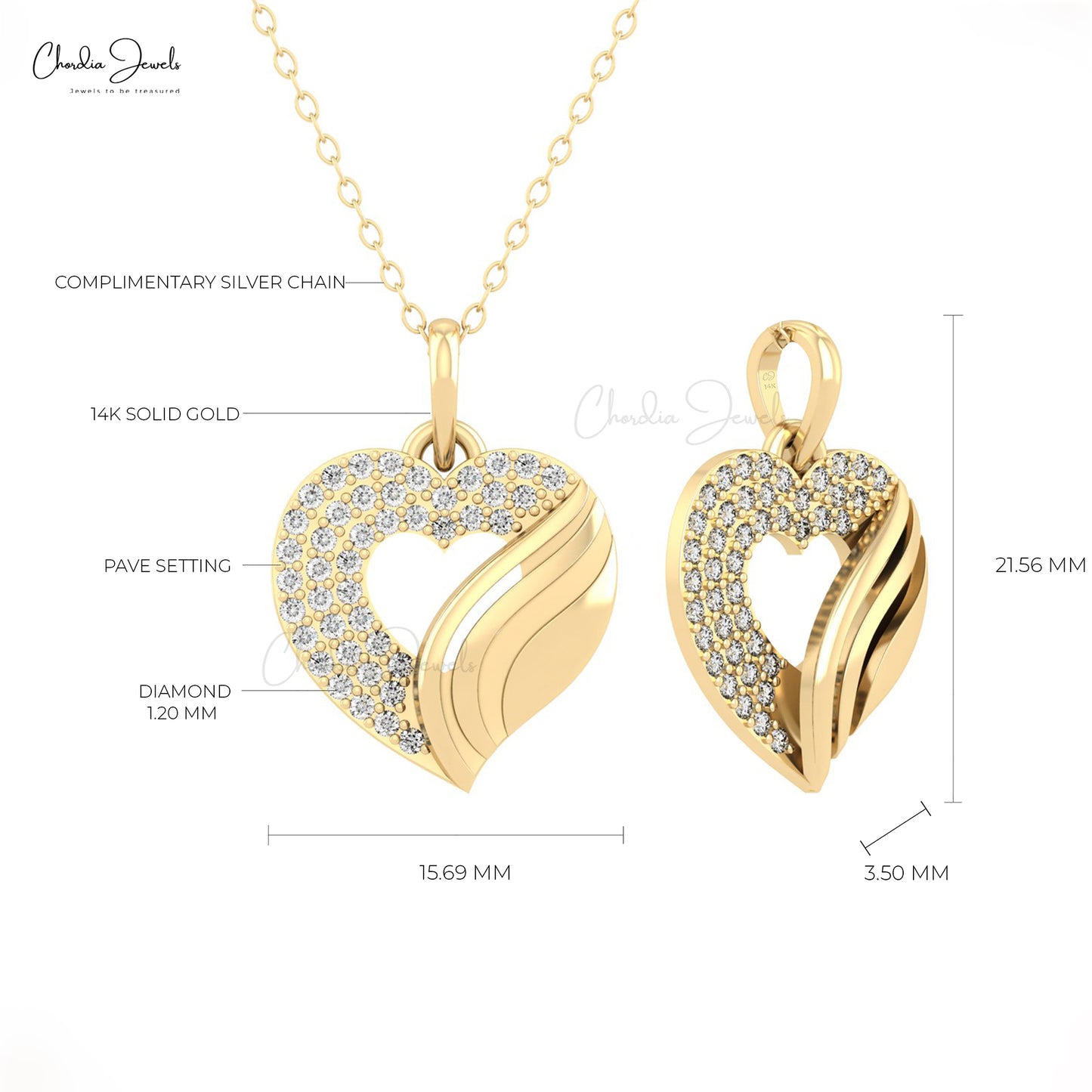 Open Heart Cluster Pendant With 1.20mm White Diamond Pave Set In 14k Pure Gold Neckalce
