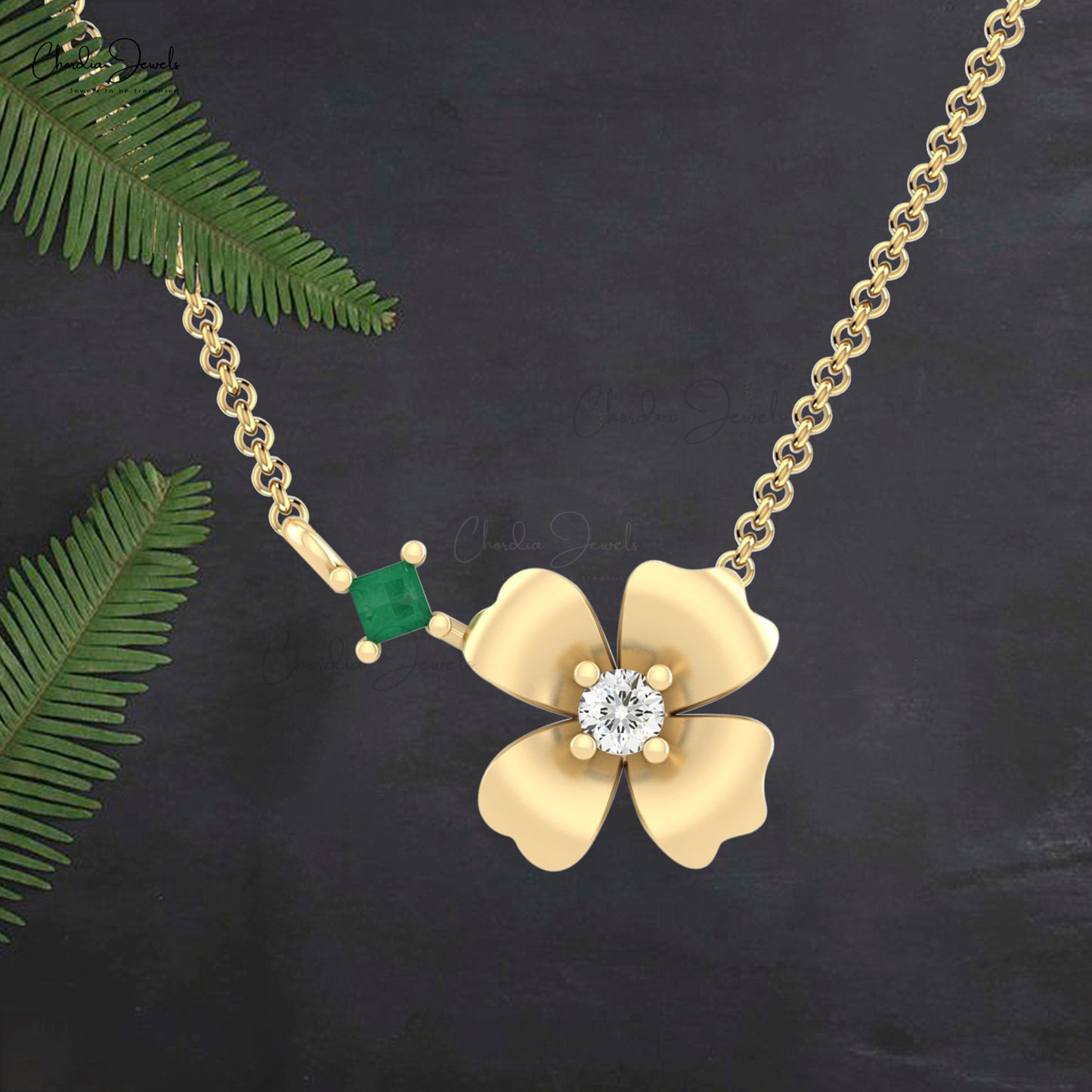 Floral Thin Chain Necklace In 14k Solid Gold Emerald And Diamond 2 Stone Minimal Necklaces