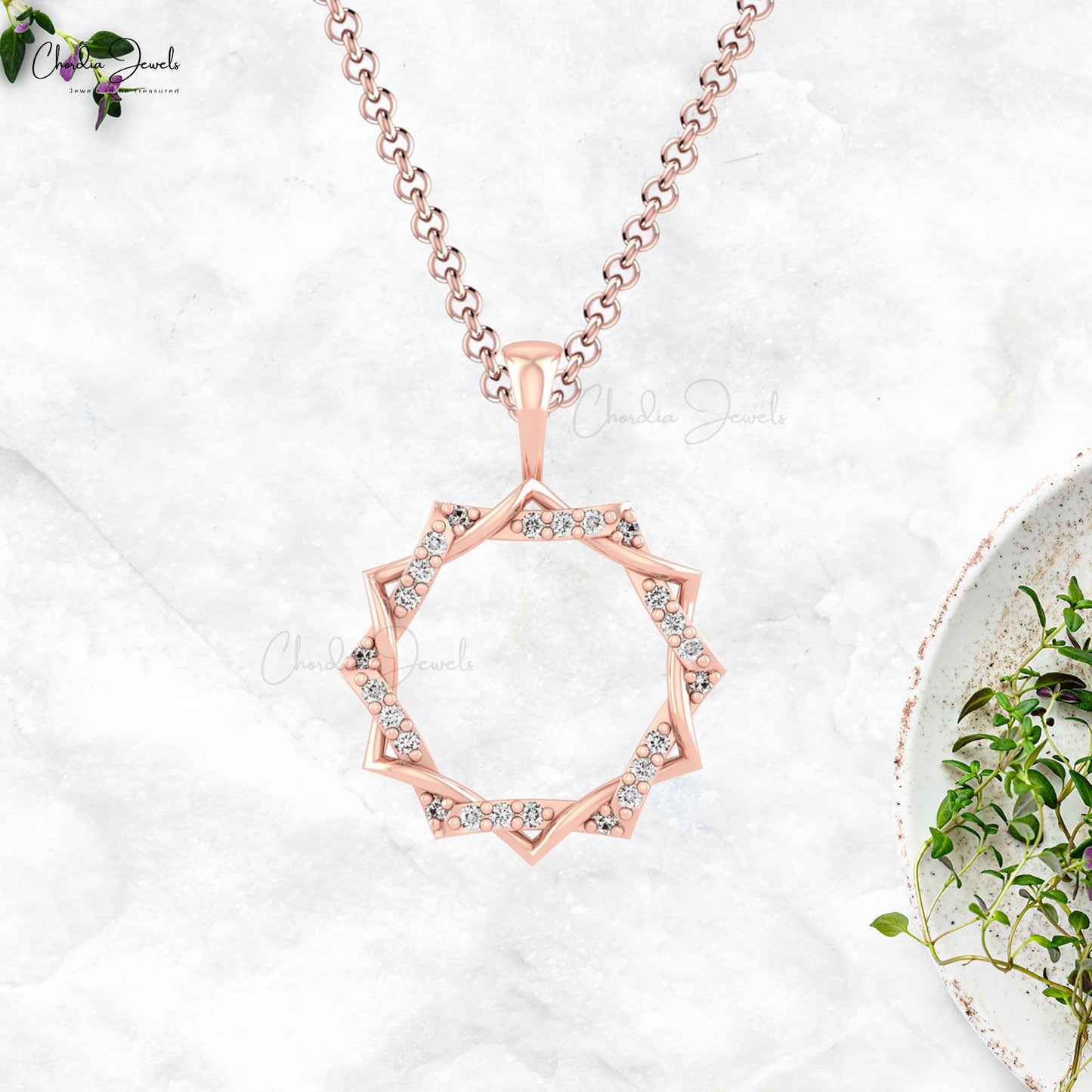 Open Circle Dainty Pendant In 14k Real Gold Diamond 1mm Round Cut Twisted Necklace