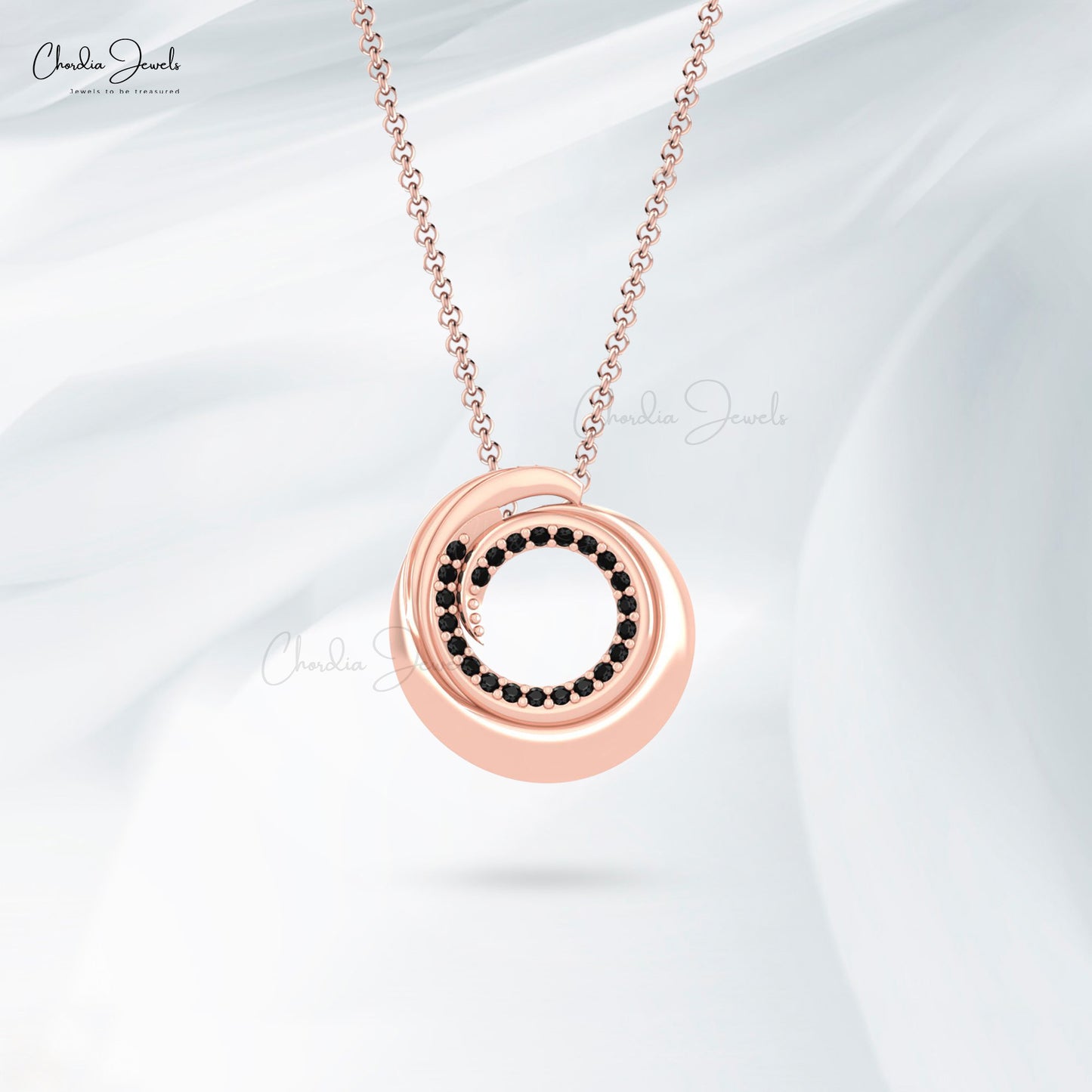Open Circle Hidden Bail Pendant With 0.12 Ct Black Diamond Swirl Necklace In 14k Real Gold