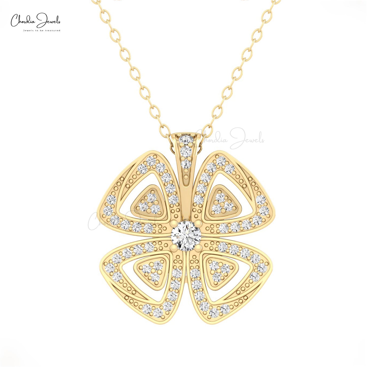 Floral Style Dainty Pendant In 14k Real Gold White Diamond 1.5mm Round Cut Women Necklace
