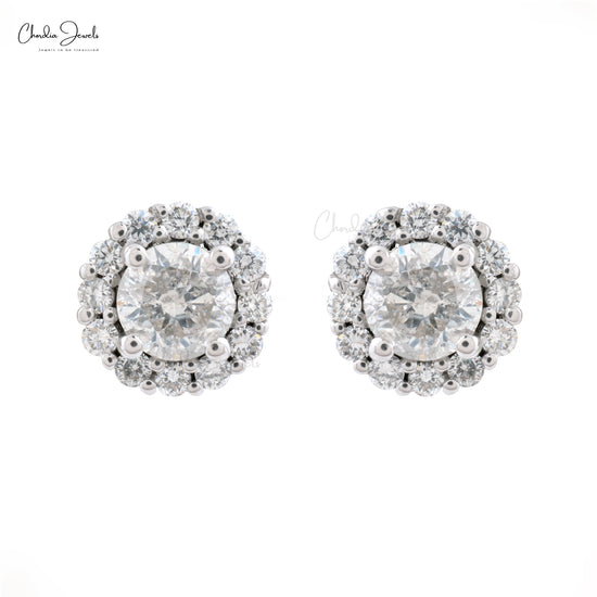 Natural White Diamond Halo Studs Real 14k White Gold Push Back Solitaire Earrings For Women