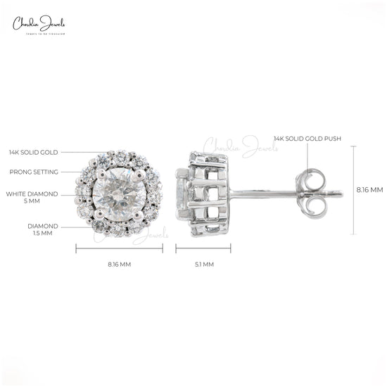 Natural White Diamond Halo Studs Real 14k White Gold Push Back Solitaire Earrings For Women