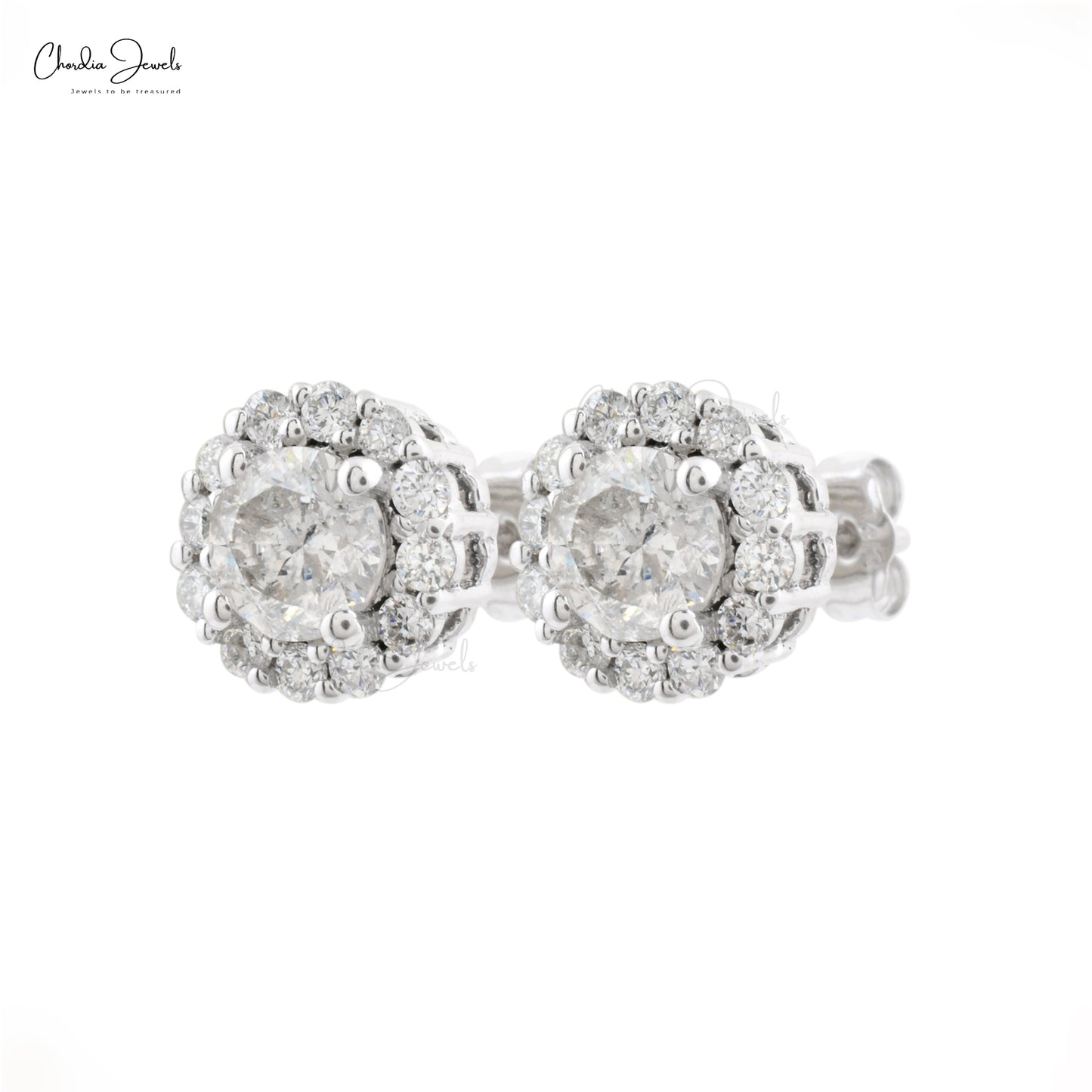 Natural White Diamond Halo Studs Real 14k White Gold Push Back Solitaire Earrings For Women