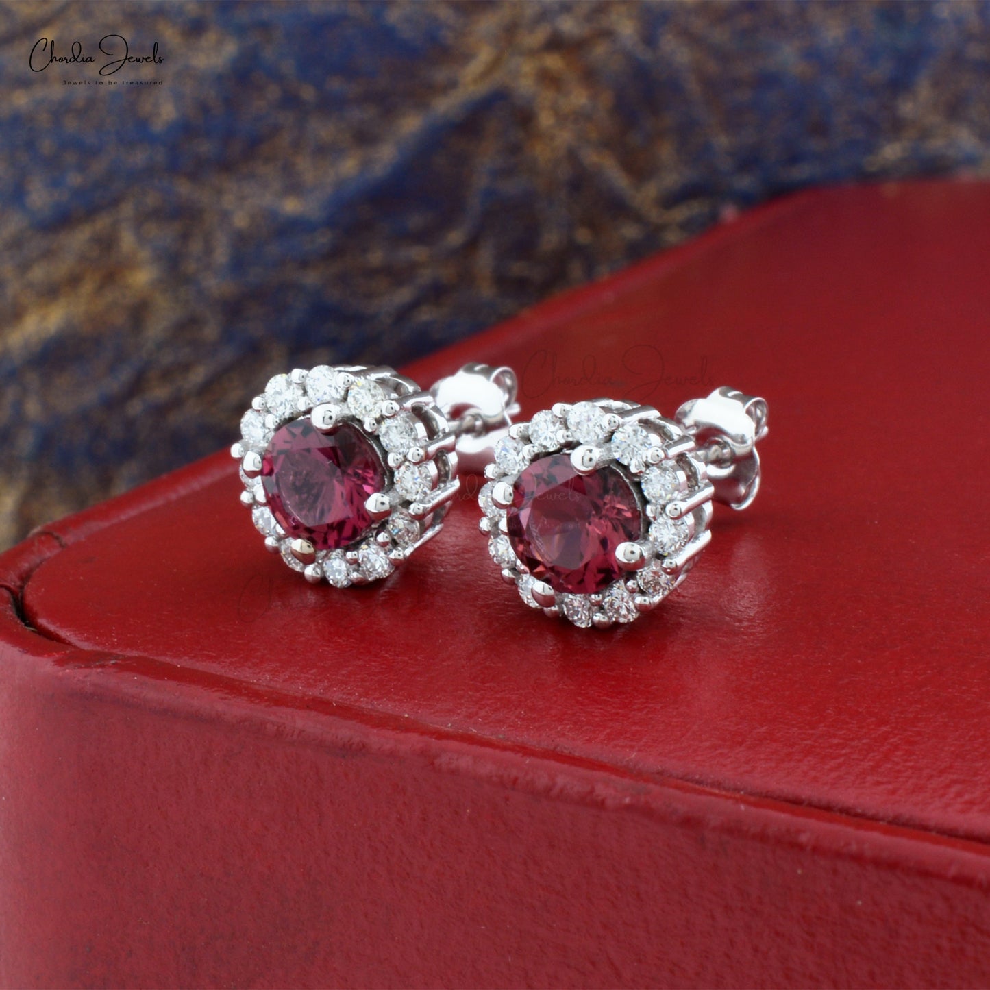 Halo Stud Earrings With Pink Tourmaline Gemstones Real 14k White Gold Diamond Accented Studs