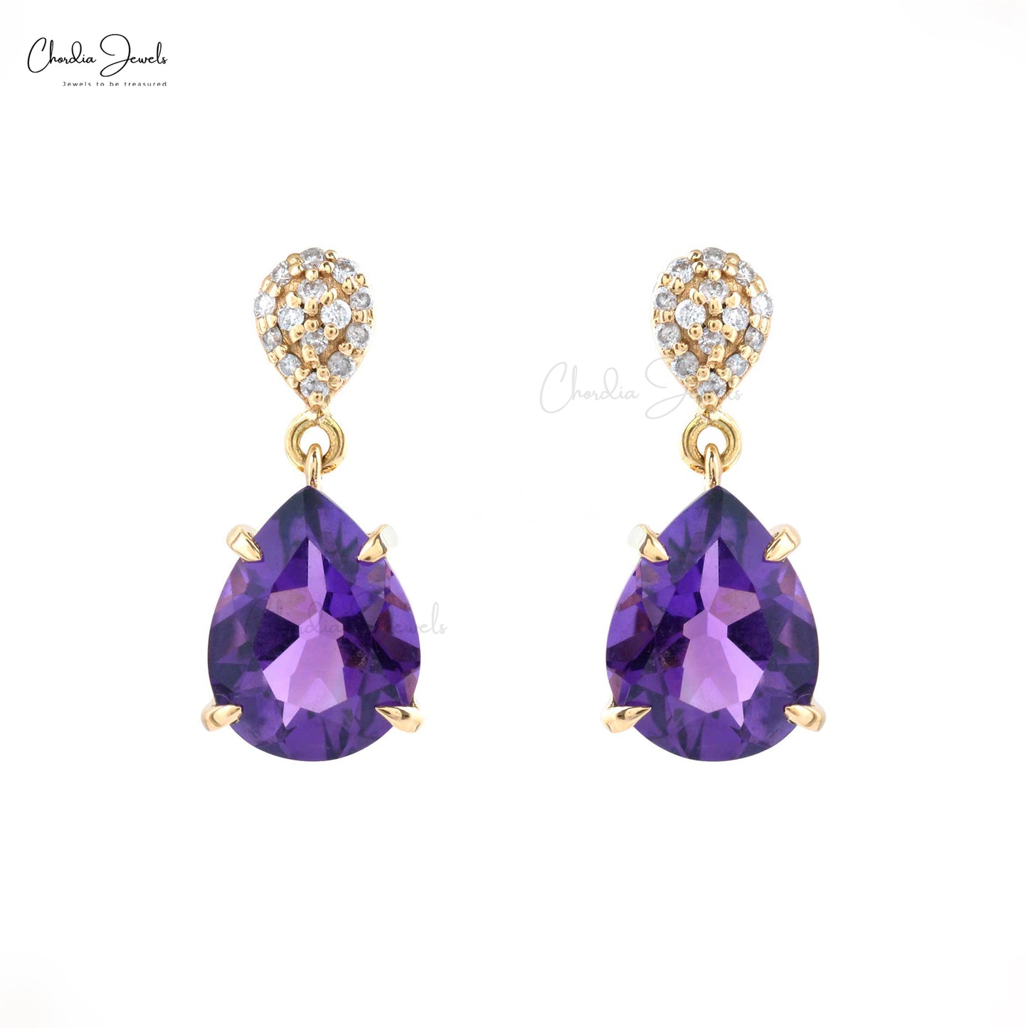 Pear-Cut Natural Amethyst Dangle Earring in 14k Gold Diamond 