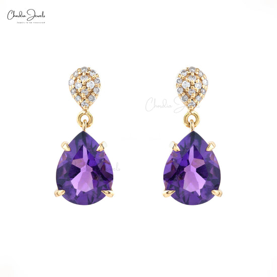Pear-Cut Natural Amethyst Dangle Earring in 14k Gold Diamond 