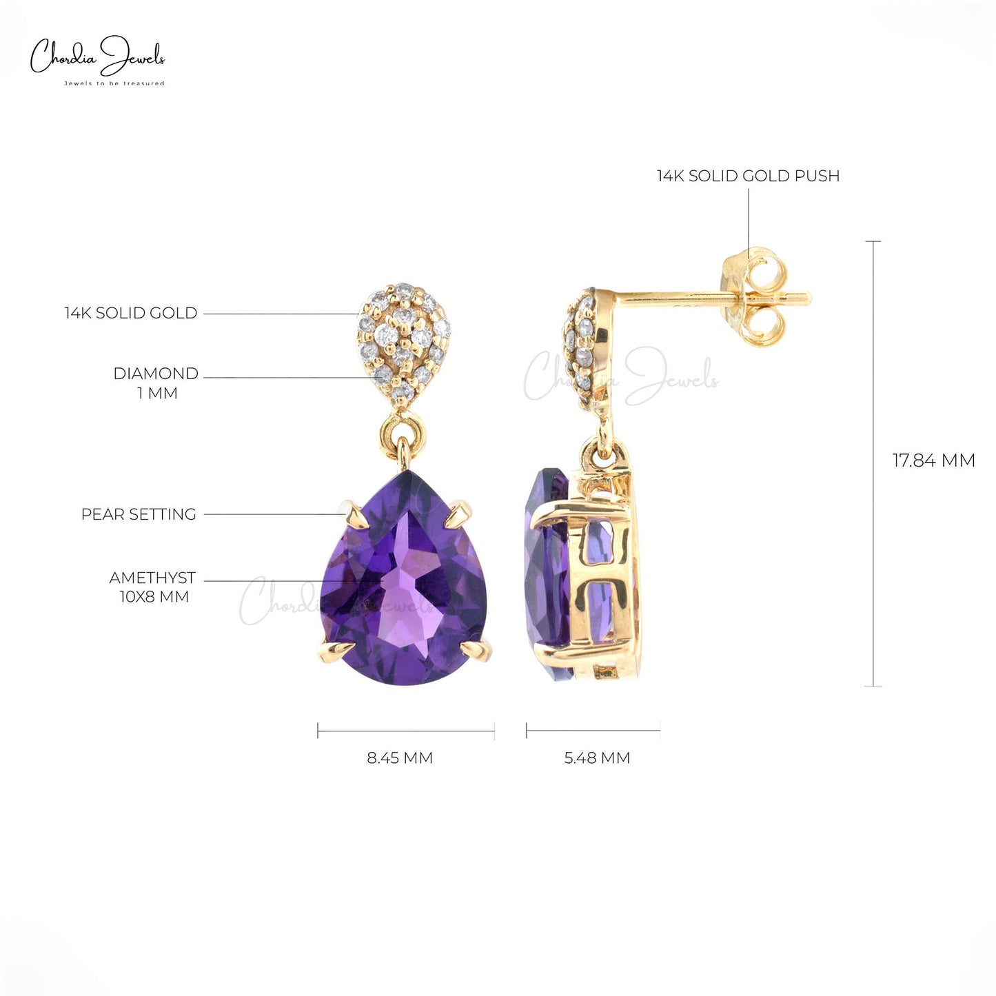 Natural Pear Amethyst Gemstone Dangle Earrings Solid 14k Yellow Gold Diamond Dainty Earring