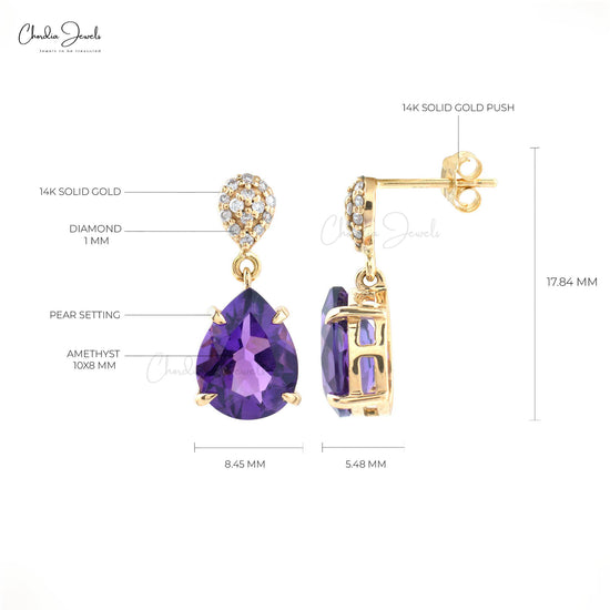 Natural Pear Amethyst Gemstone Dangle Earrings Solid 14k Yellow Gold Diamond Dainty Earring