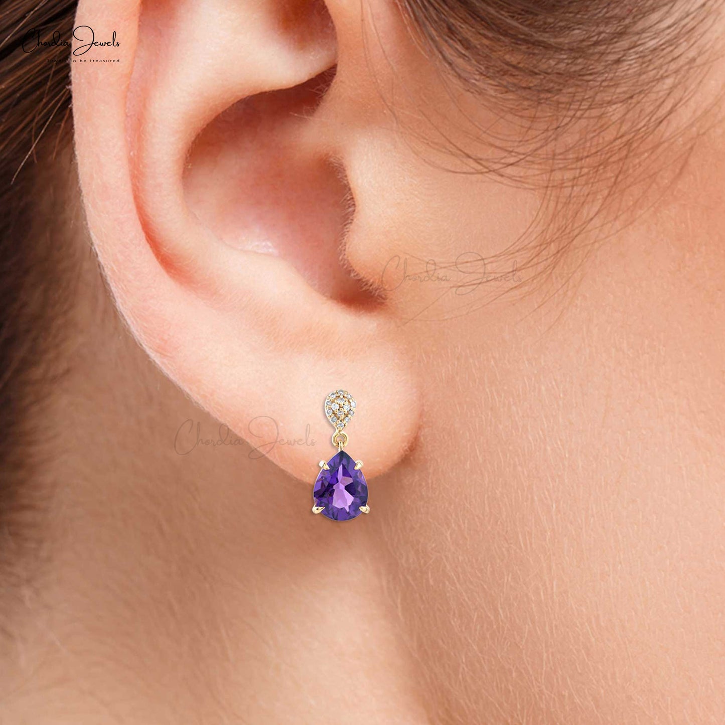 Pear-Cut Natural Amethyst Dangle Earring in 14k Gold Diamond 