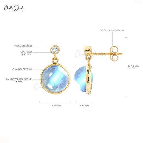 Genuine Rainbow Moonstone Dangling Earrings 14k Solid Yellow Gold Diamond Minimalist Studs 8mm Round Cut Gemstone Fine Jewelry
