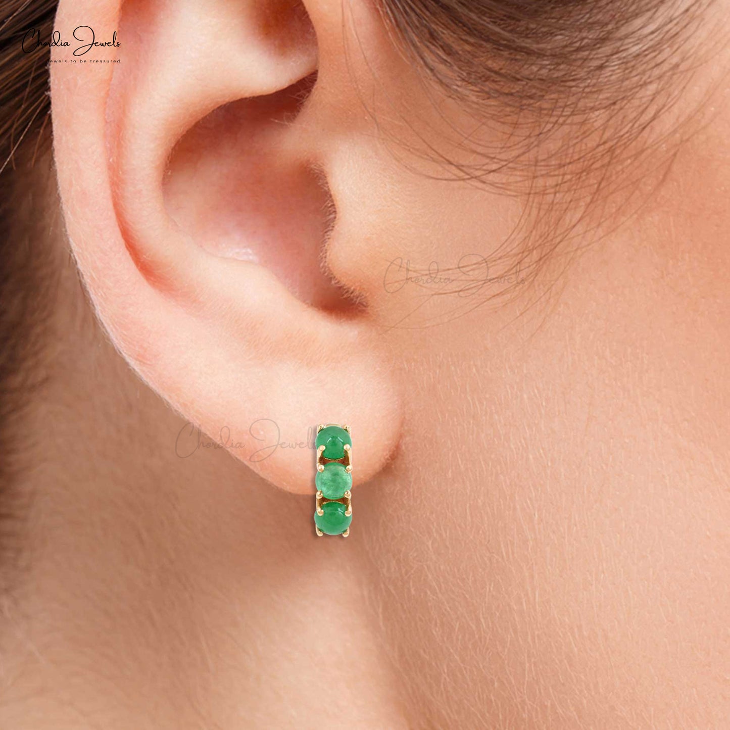 Load image into Gallery viewer, Natural Emerald Huggie Hoops Earring 4mm Round Cabochon Latch Back Earrings 14k Real Yellow Gold Fine Jewelry For Her
