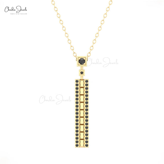 Elegant Black Diamond Minimalist Bar Necklace 14k Real Gold Round Gemstone Rectangular Pendant