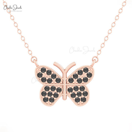 Solid 14k Gold Black Diamond Butterfly Necklace Genuine April Birthstone Fine Jewelry