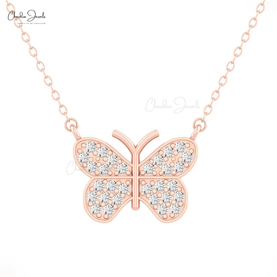 Charming 0.45ct White Diamond Butterfly Necklace 14k Solid Gold Flutter Pendant For Her