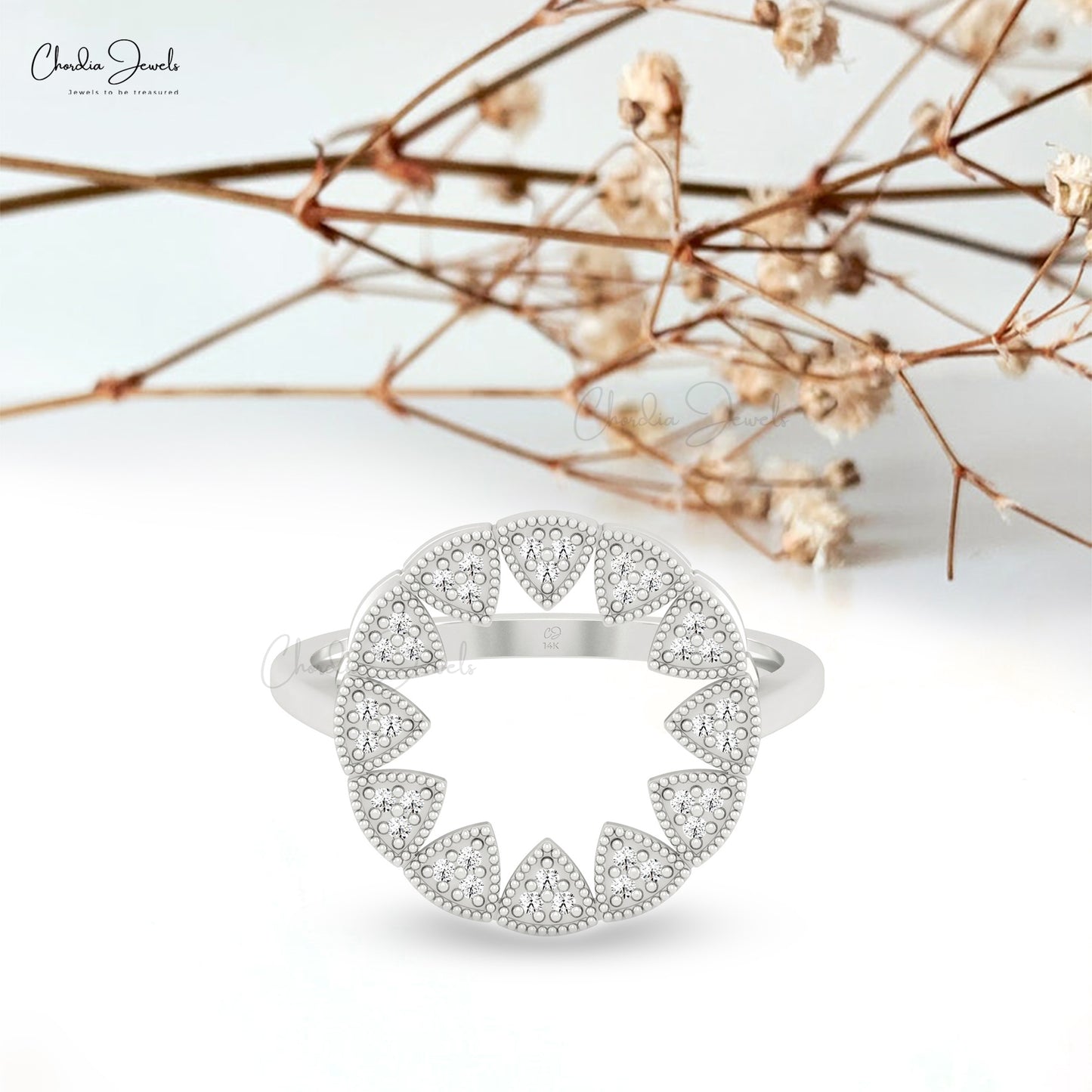 Round Cut Sun Starbust Ring With 0.9mm White Diamond Handmade Rings In 14k Real Gold