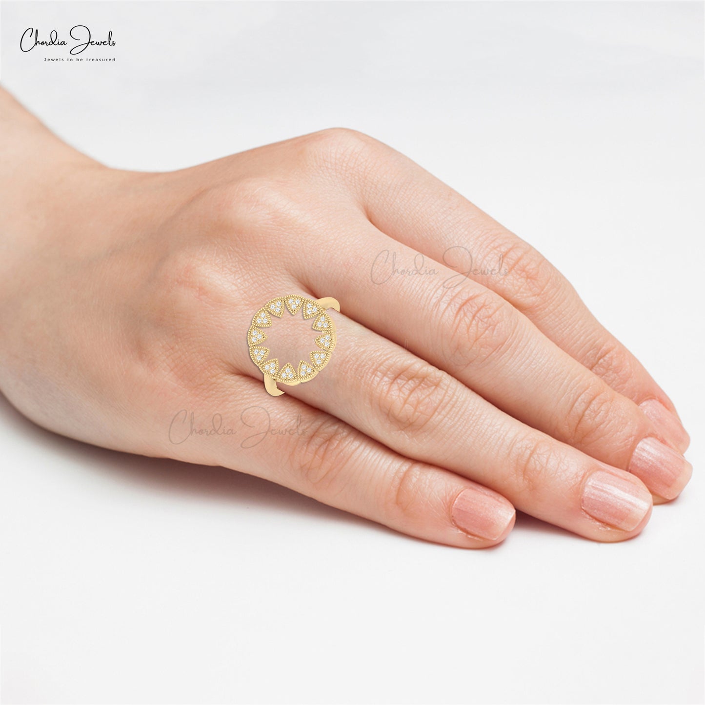 Round Cut Sun Starbust Ring With 0.9mm White Diamond Handmade Rings In 14k Real Gold