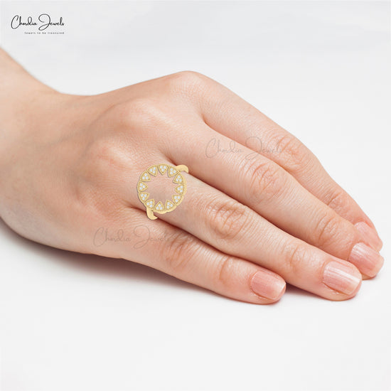 Round Cut Sun Starbust Ring With 0.9mm White Diamond Handmade Rings In 14k Real Gold