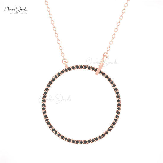 Splendid 14K Real Gold Circle Necklace Genuine 1mm Black Diamond Eternity Necklace For Her