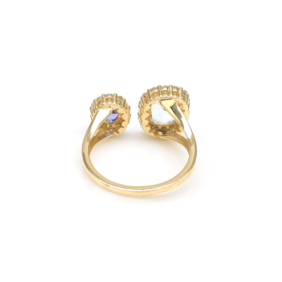 Two Halo Tanzanite Ring In 14k Real Gold Aquamarine Diamond Certified Adjustable Rings