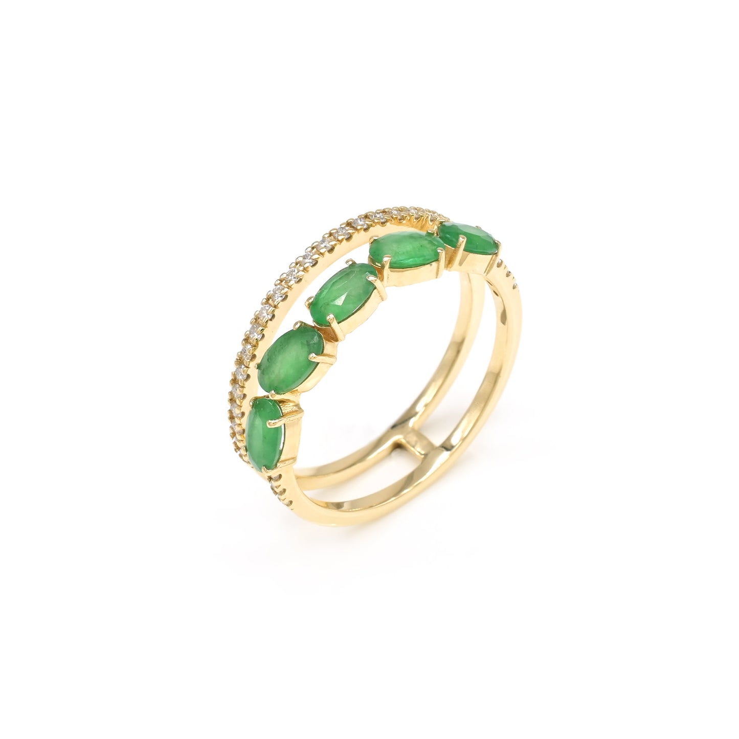 Double Shank Stack Band With 5x3mm Emerald And Diamond Verified Ring In 14k Yellow Gold