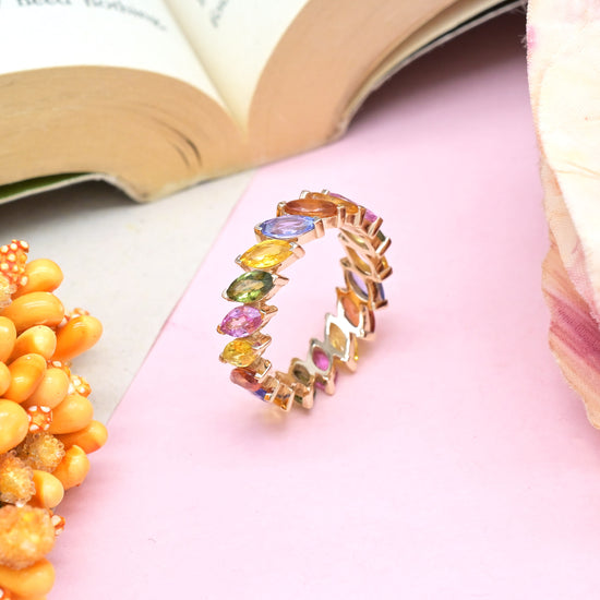 Marquise Rainbow Sapphire Band In 14k Rose Gold IGI Certified Full Eternity Wedding Ring