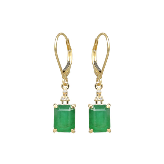 Octagon Emerald Dangle Earrings In 14k Yellow Gold G-H Diamond Lever Back Women Earring