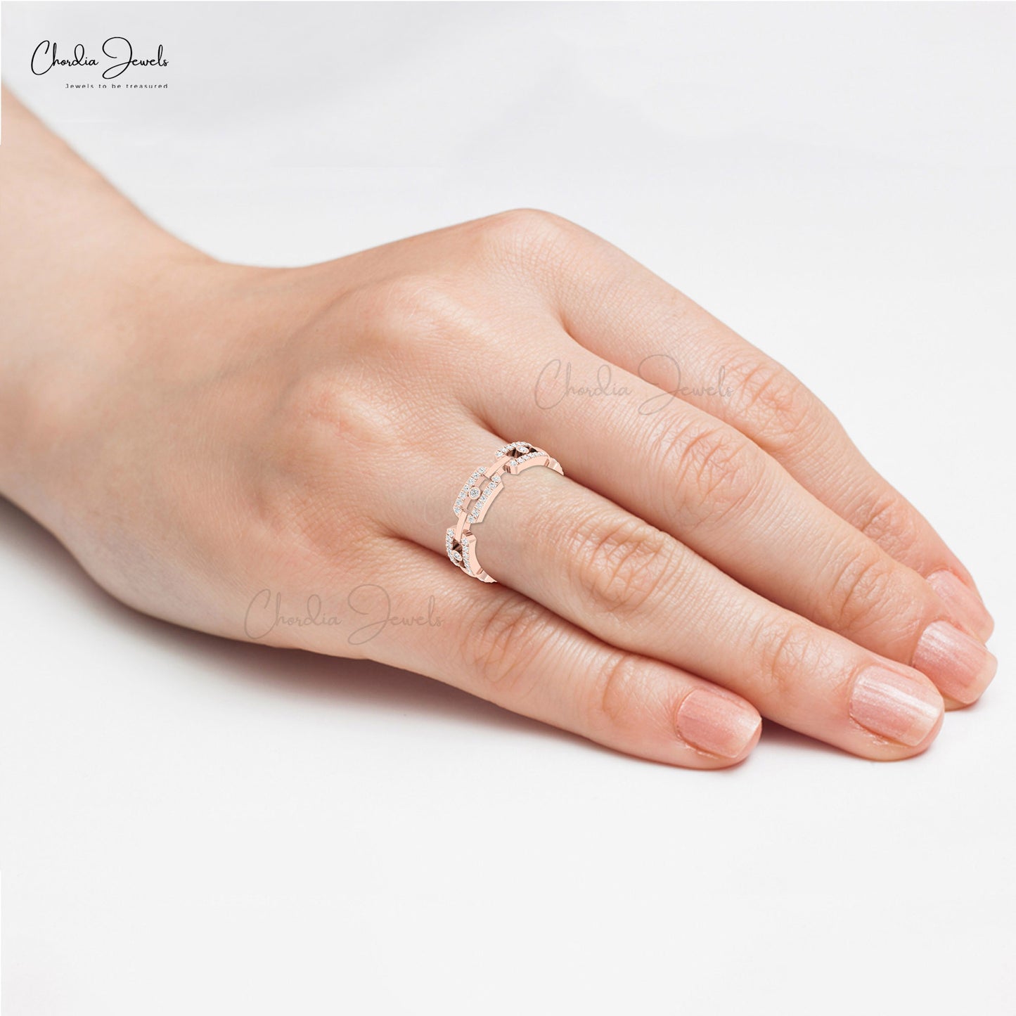 Round Cut Link Chain Ring With 0.39 Ct White Diamond Bezel Set In 14k Real Gold Rings