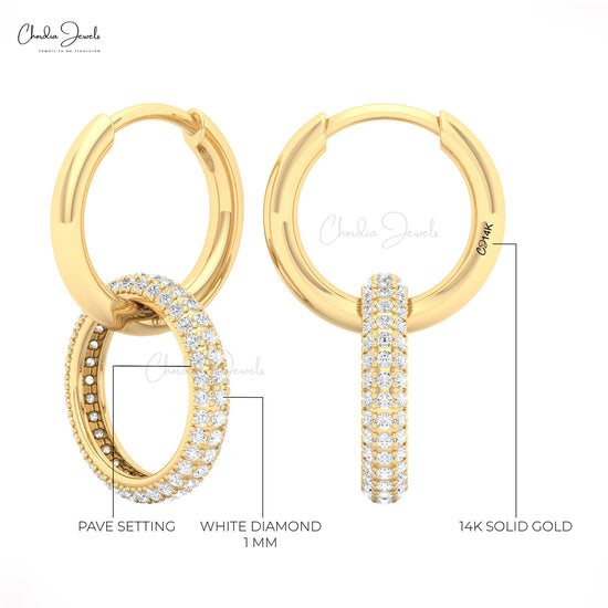 Real 14k Gold Open Circle Hoops With 0.81 CTW White Diamond Pave Set Handmade Earrings