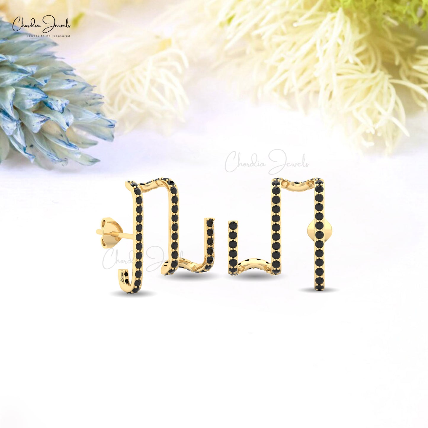 Real 14k Gold Zigzag Studs With 5mm Round Black Diamond Push Back Musical Style Earrings