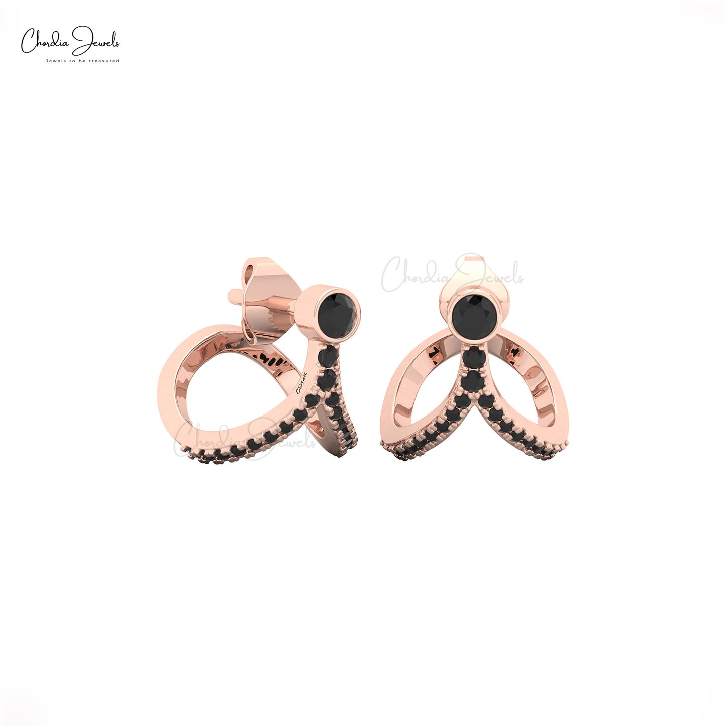 14k solid gold dainty curved earrings with 3mm black diamond bezel set studs
