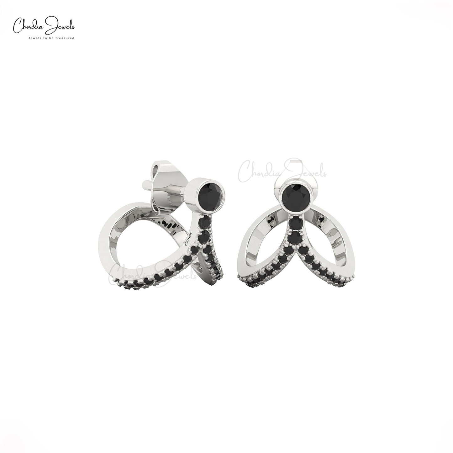 Handmade fine jewelry curved gold earrings with bezel set black diamond stones