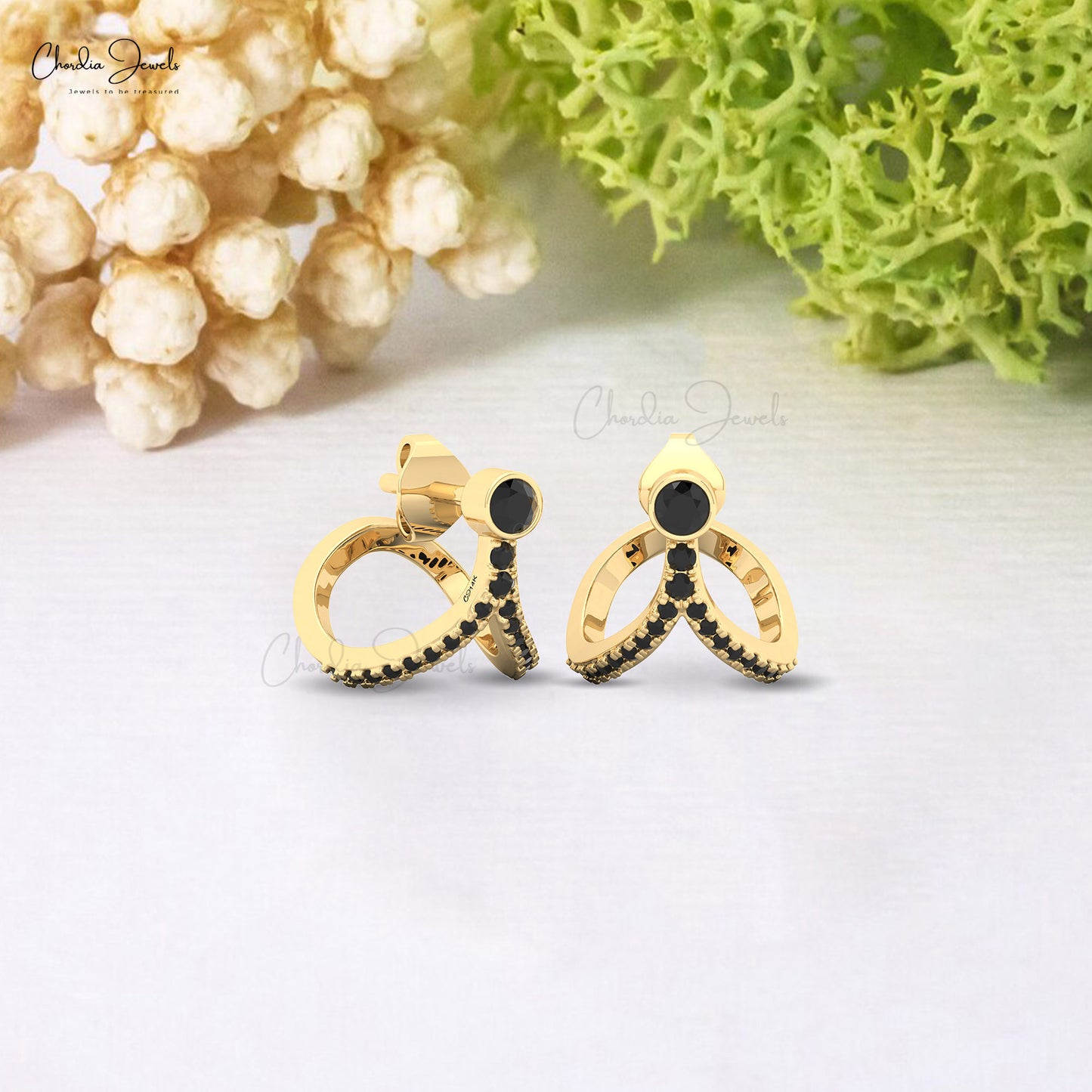 Dainty 3mm black diamond earrings in curved 14k gold bezel setting for everyday wear