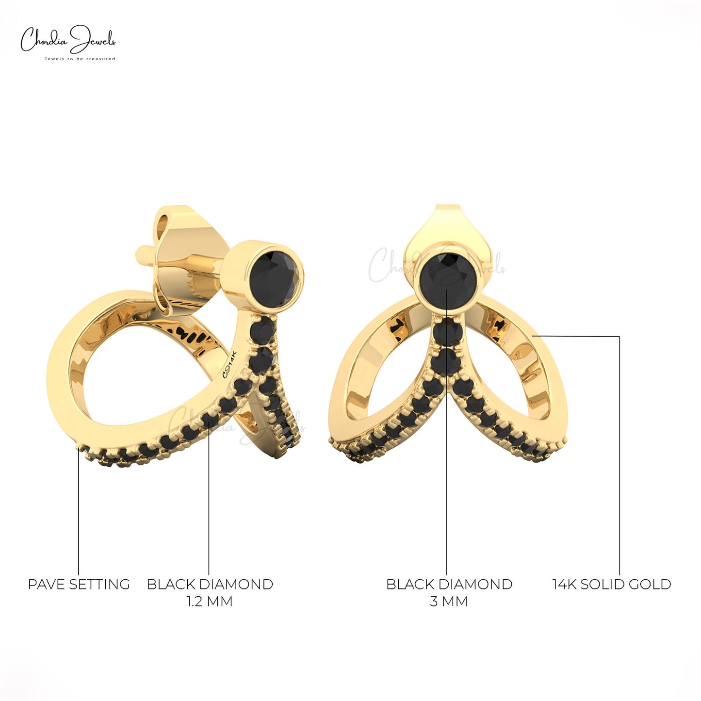 Minimalist black diamond stud earrings in real 14k solid gold curved design