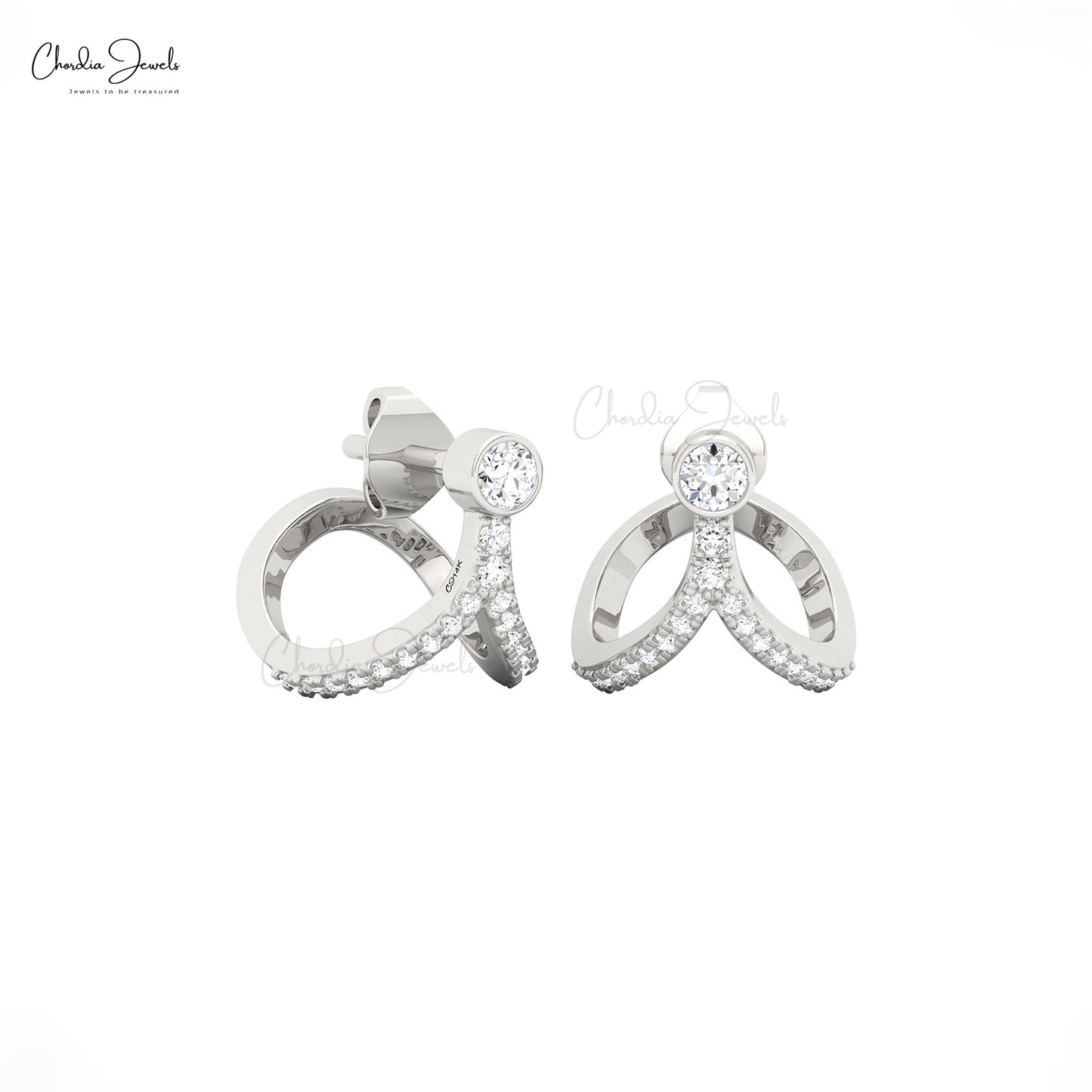 14k solid gold curved studs with 3mm white diamond bridal earrings