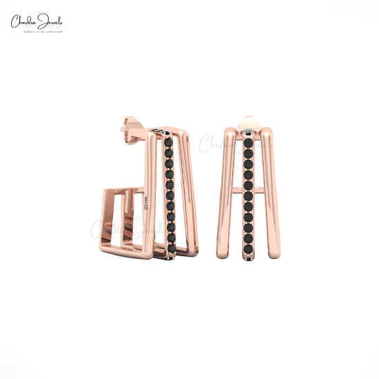 14k solid gold tiny line bar earrings with black diamond handmade wedding studs