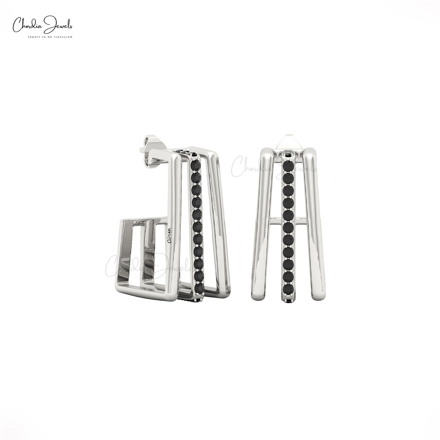 Elegant solid gold geometric earrings with natural black diamond accents