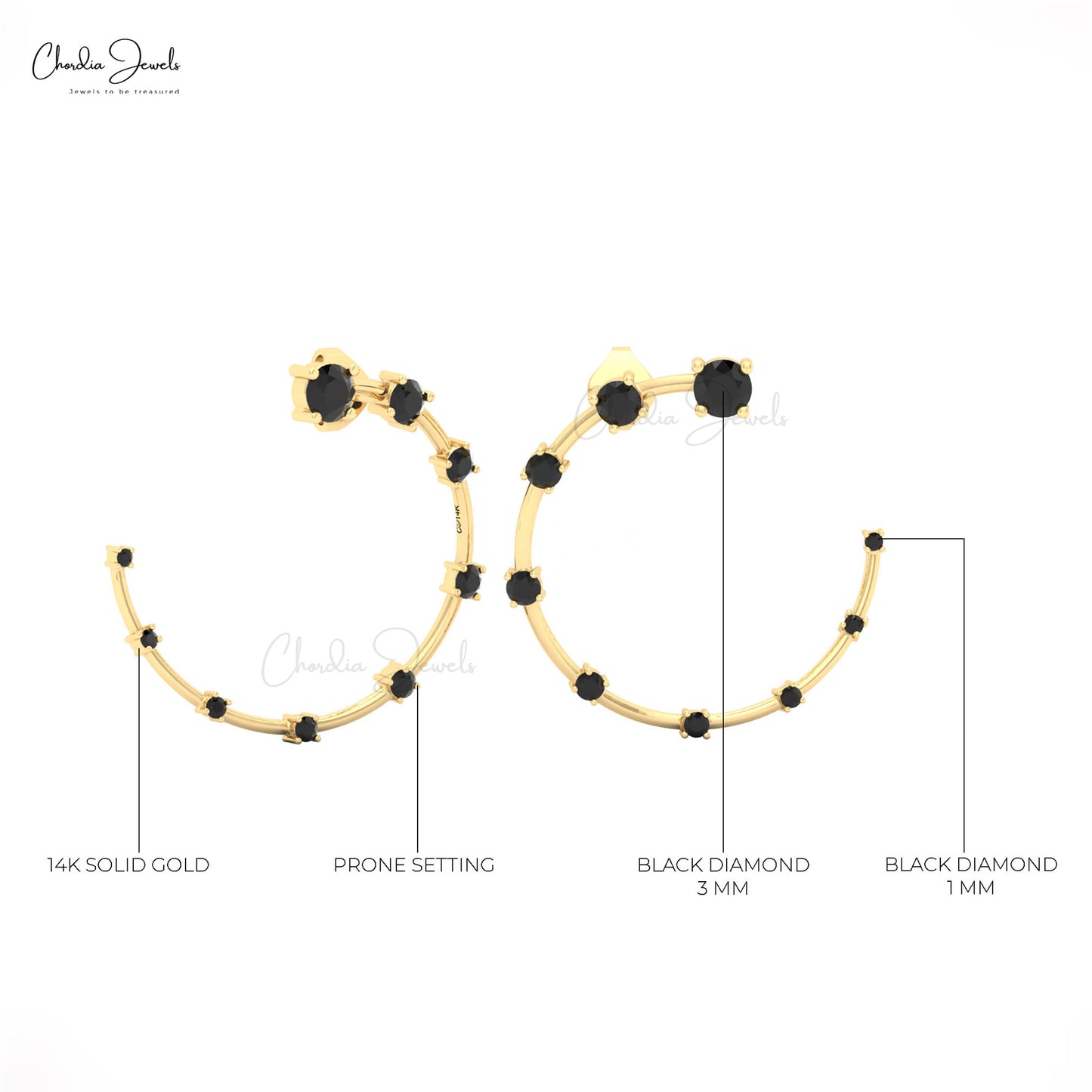Handmade celestial ear cuff in real 14k solid gold with black diamond sparkle