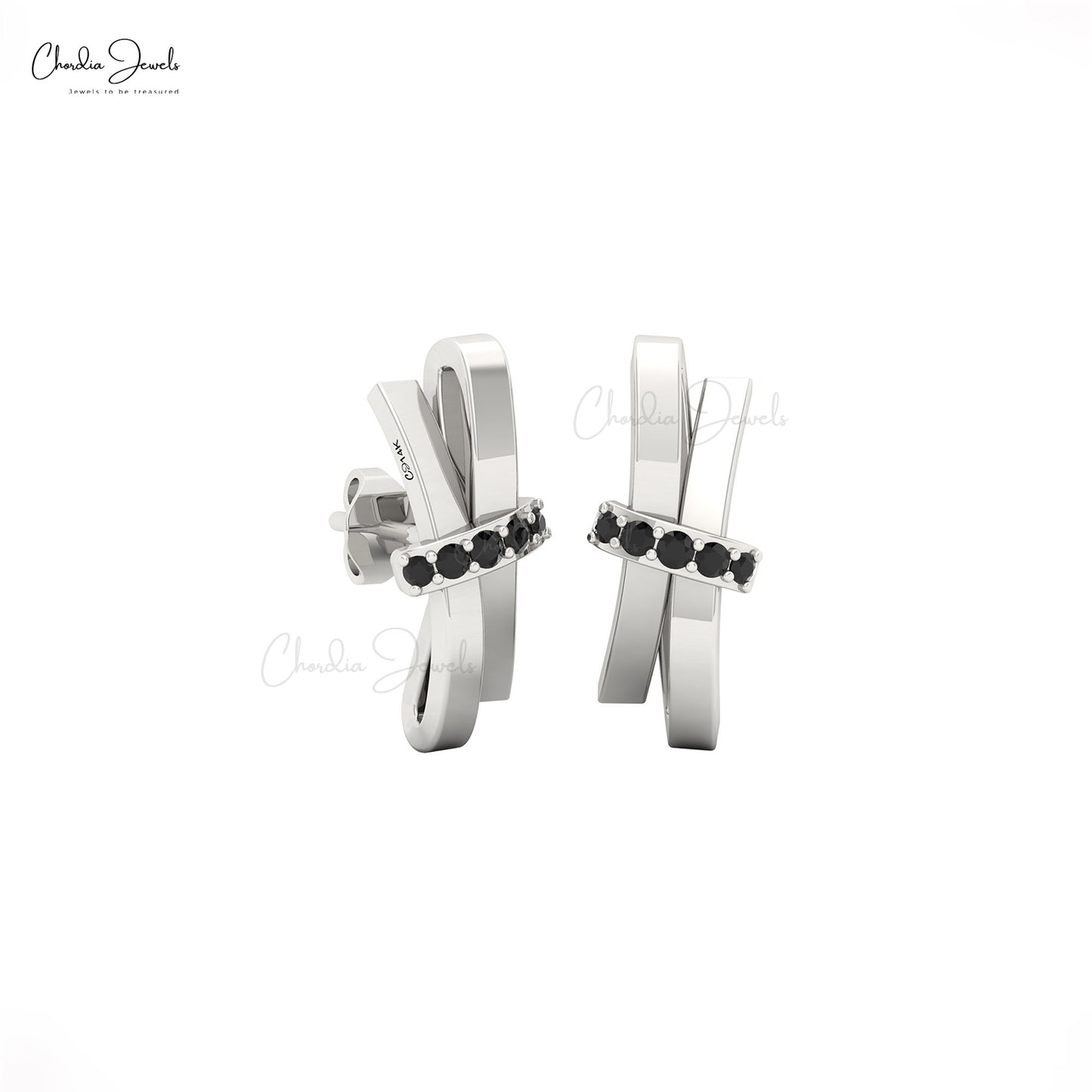AAA black diamond curved earring in 14k solid gold dainty stud