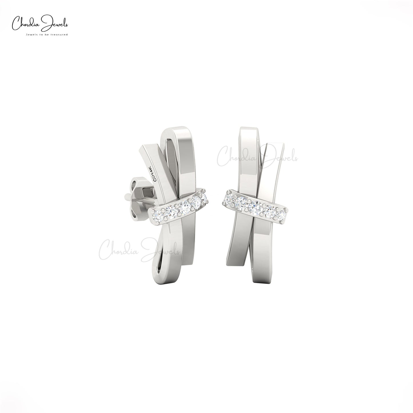 14k solid gold twisted stud earrings with genuine white diamond handmade jewelry